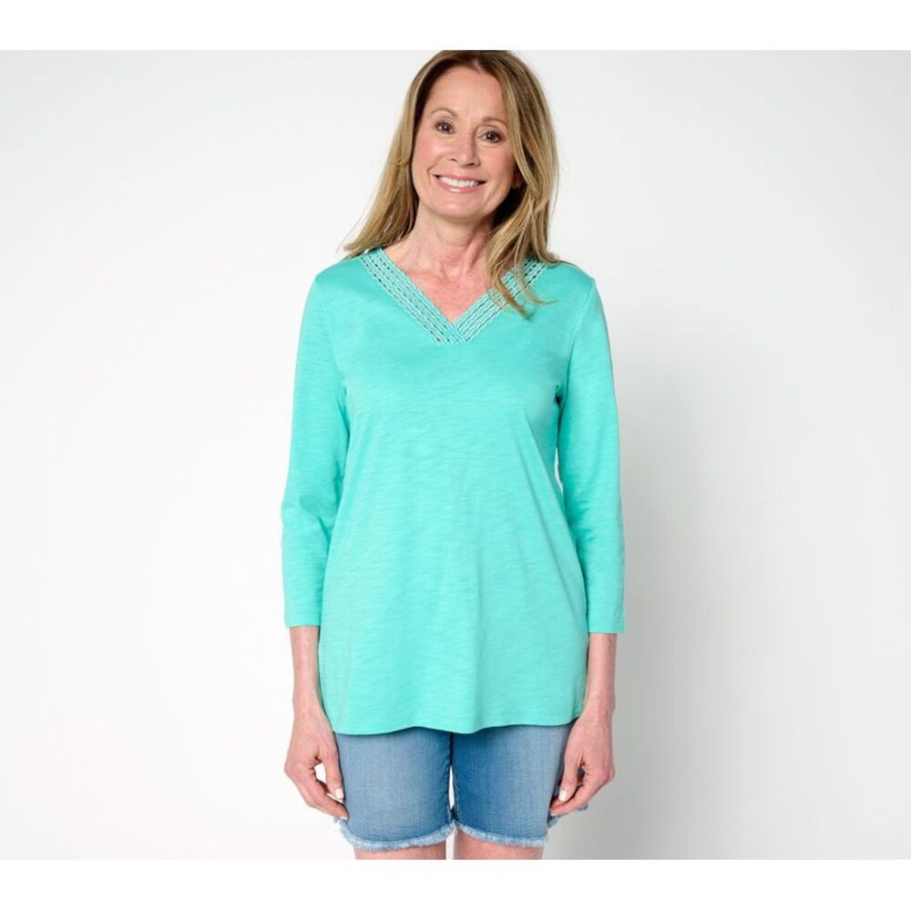 Liberare Women's Top Sz L Slub Knit Braided Beauty V Neck Blue A686375